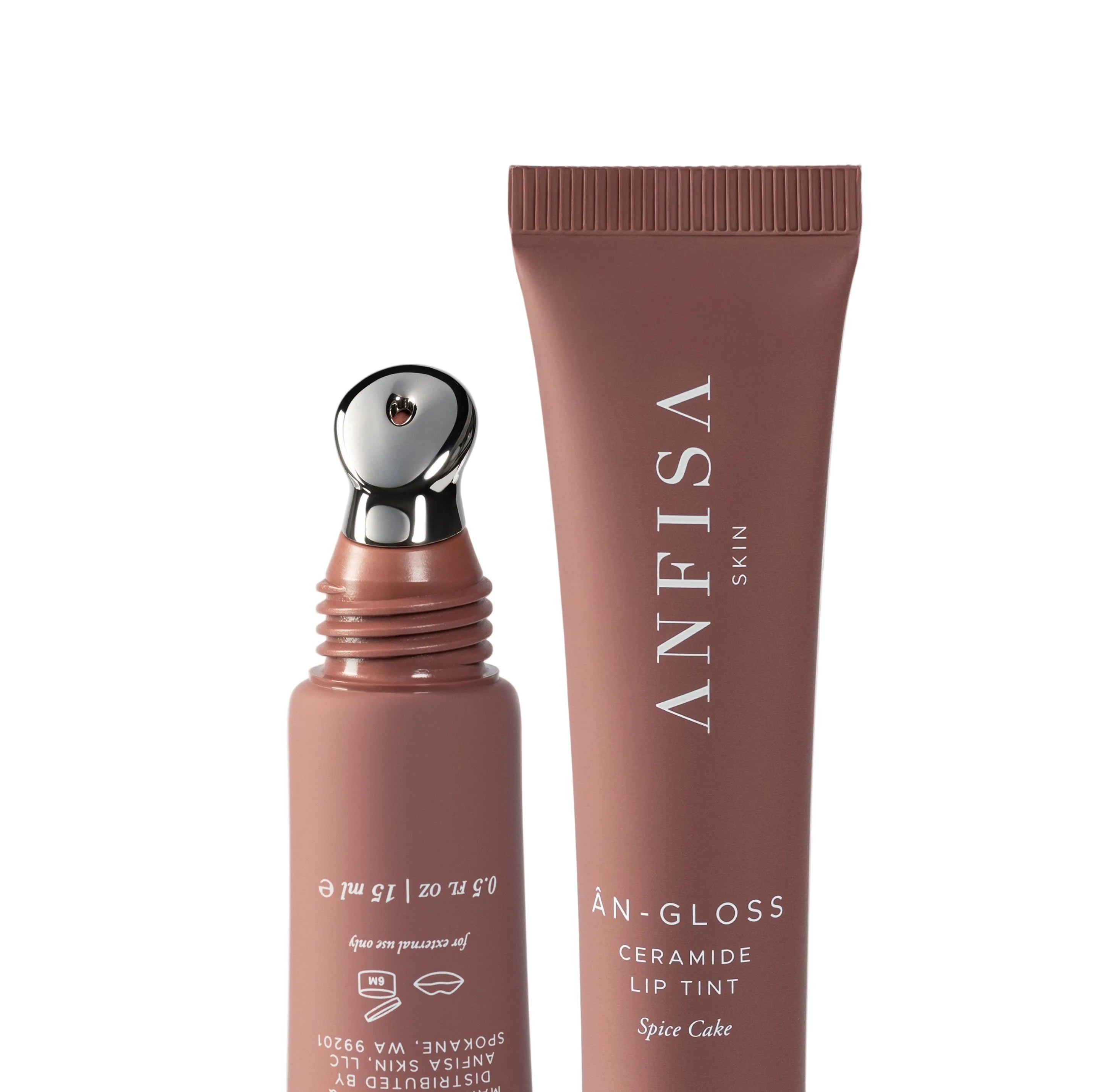 Lip tint and lip balm with 'ANFISA' branding on a light gray background
