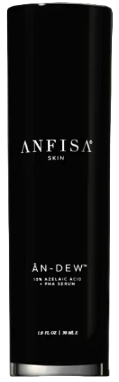 Black skincare serum bottle labeled 'ANFISA SKIN' on a gray background