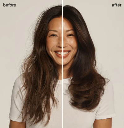 Before and after comparison of a woman with long hair on a plain background