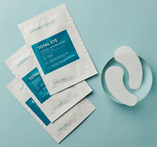 Colorescience Total Eye Hydrogel Mask packets on a light blue background