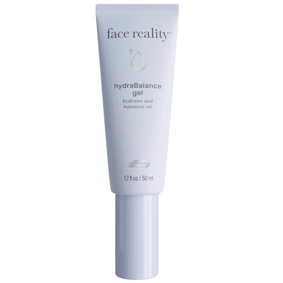 Tube of 'face reality' hydraBalance gel on a white background