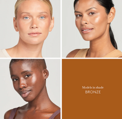 Three women with different skin tones on a white background, labeled 'Models in shade BRONZE'.