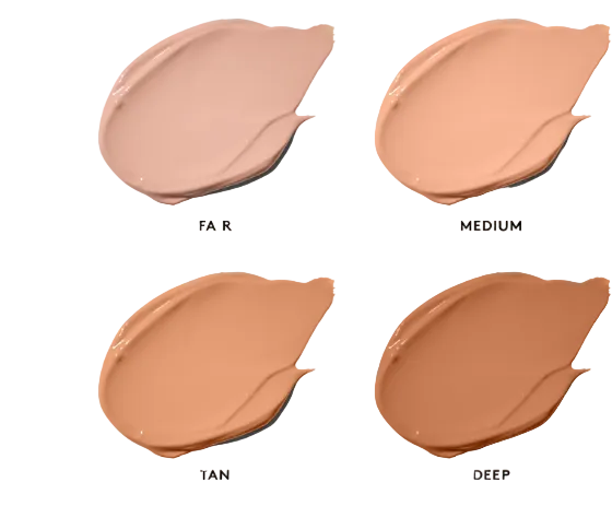 Four swatches of different skin tones labeled 'Fair', 'Medium', 'Tan', and 'Deep' on a white background.