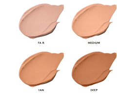 Four swatches of different skin tones labeled 'Fair', 'Medium', 'Tan', and 'Deep' on a white background.